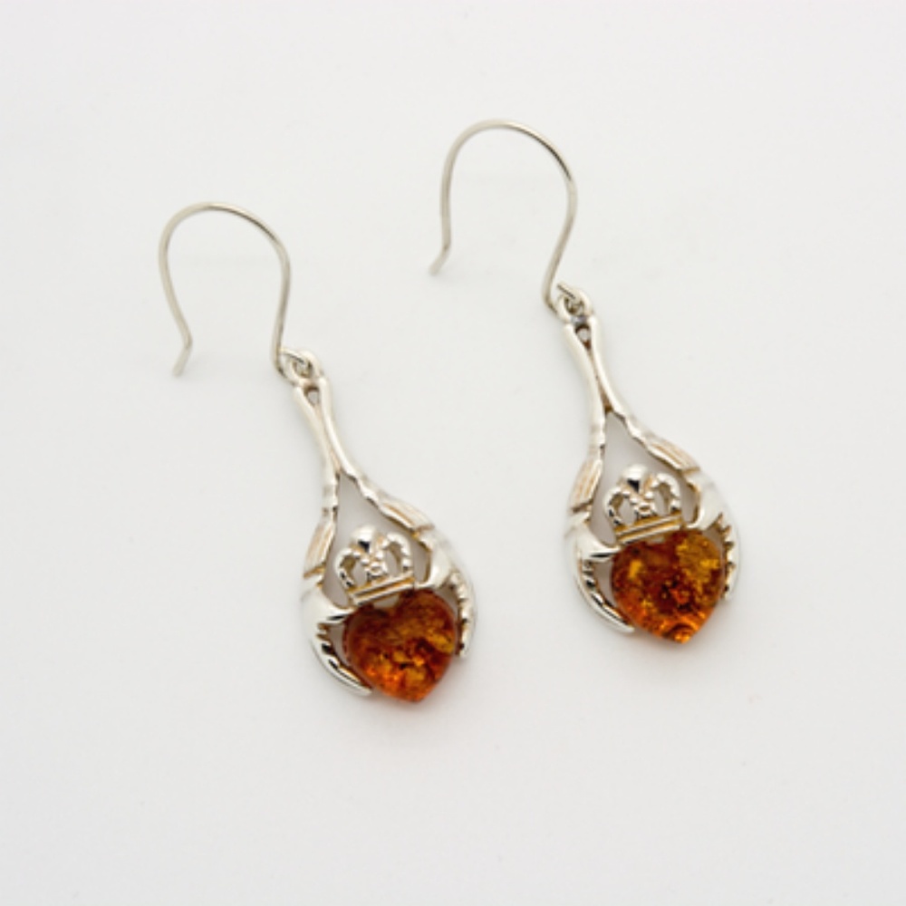 Honey Amber Claddagh Sterling Dangles